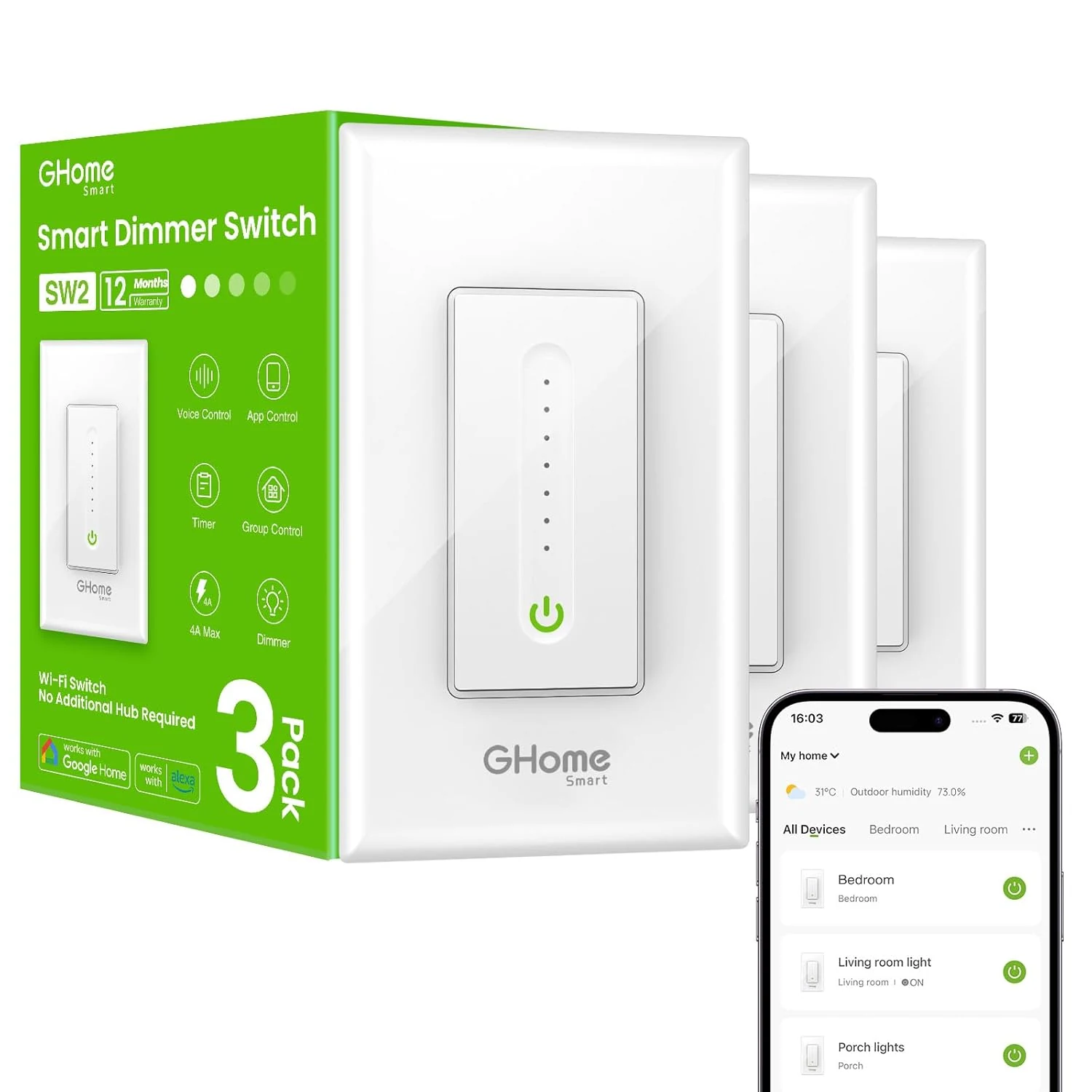 GHome Smart Dimmer Switch, Single Pole, 2.4GHz WiFi Dimmer Light Switch works with Alexa and Google Home