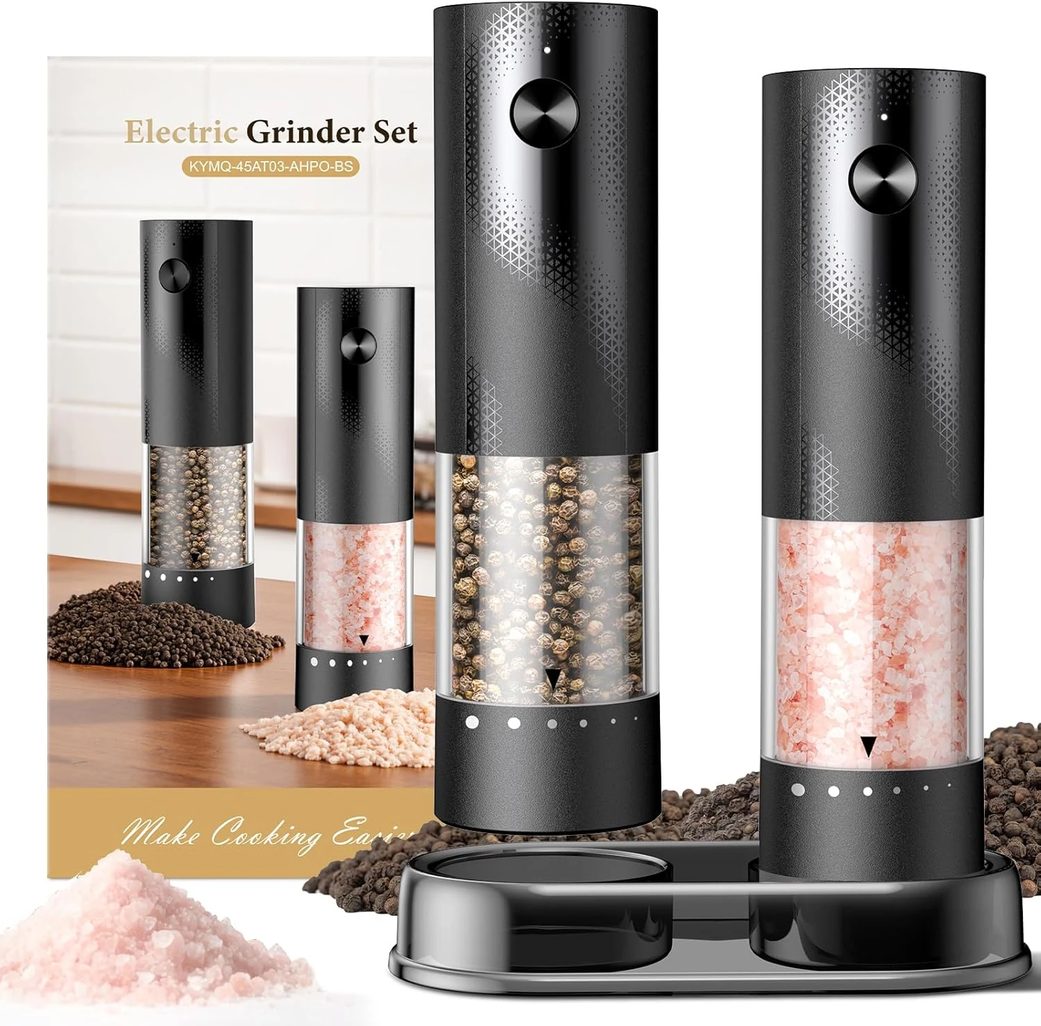 Electric Salt and Pepper Grinder Set (2 Pack, Black)