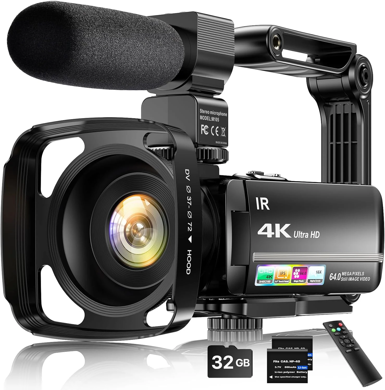 4K Video Camera Camcorder 64MP Vlogging Camera for YouTube 3.0" Touch Screen 18X Digital Zoom IR Night Vision with External Stereo Microphone