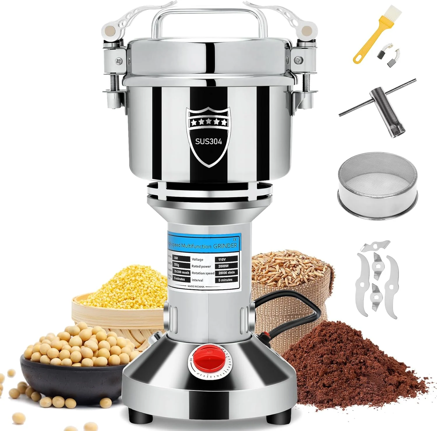 2000W Electric Grain Mill Grinder, 550g High Capacity Stainless Steel Pulverizer