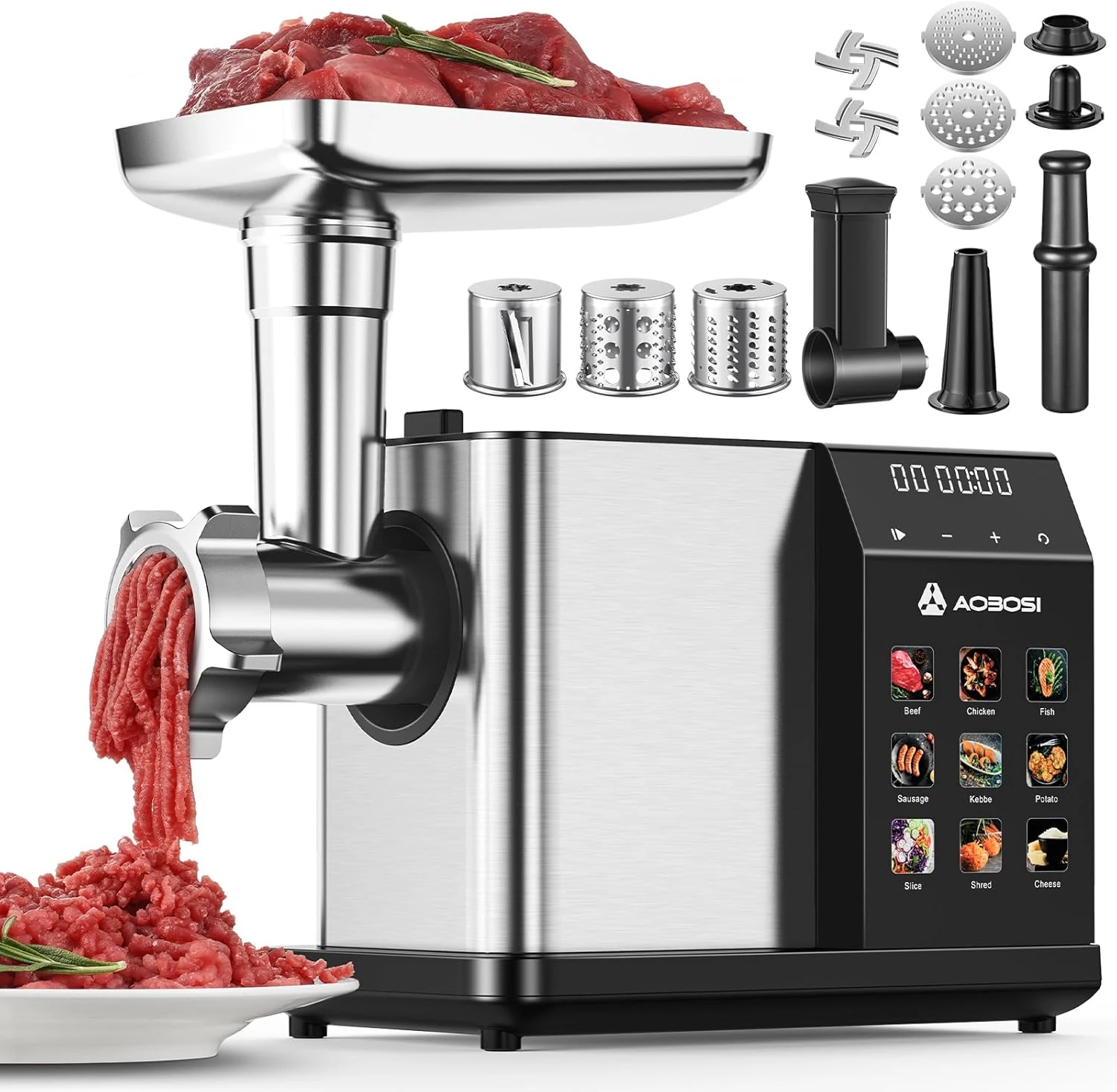 AAOBOSI Multifunctional Digital Meat Grinder Electric 3000W Max w/ 9 Touch Screen Presets, Auto-Reverse & Built-in Storage