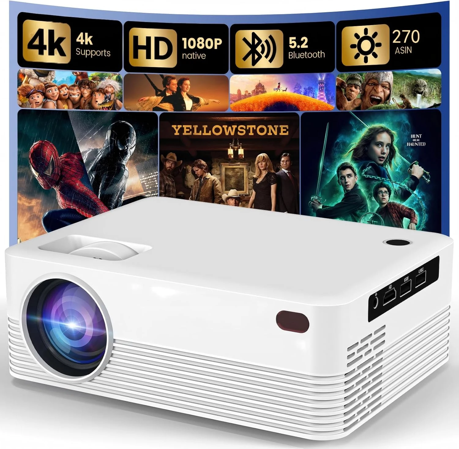 DreamFair Native 1080P Projector with WiFi and Bluetooth (H5-White)