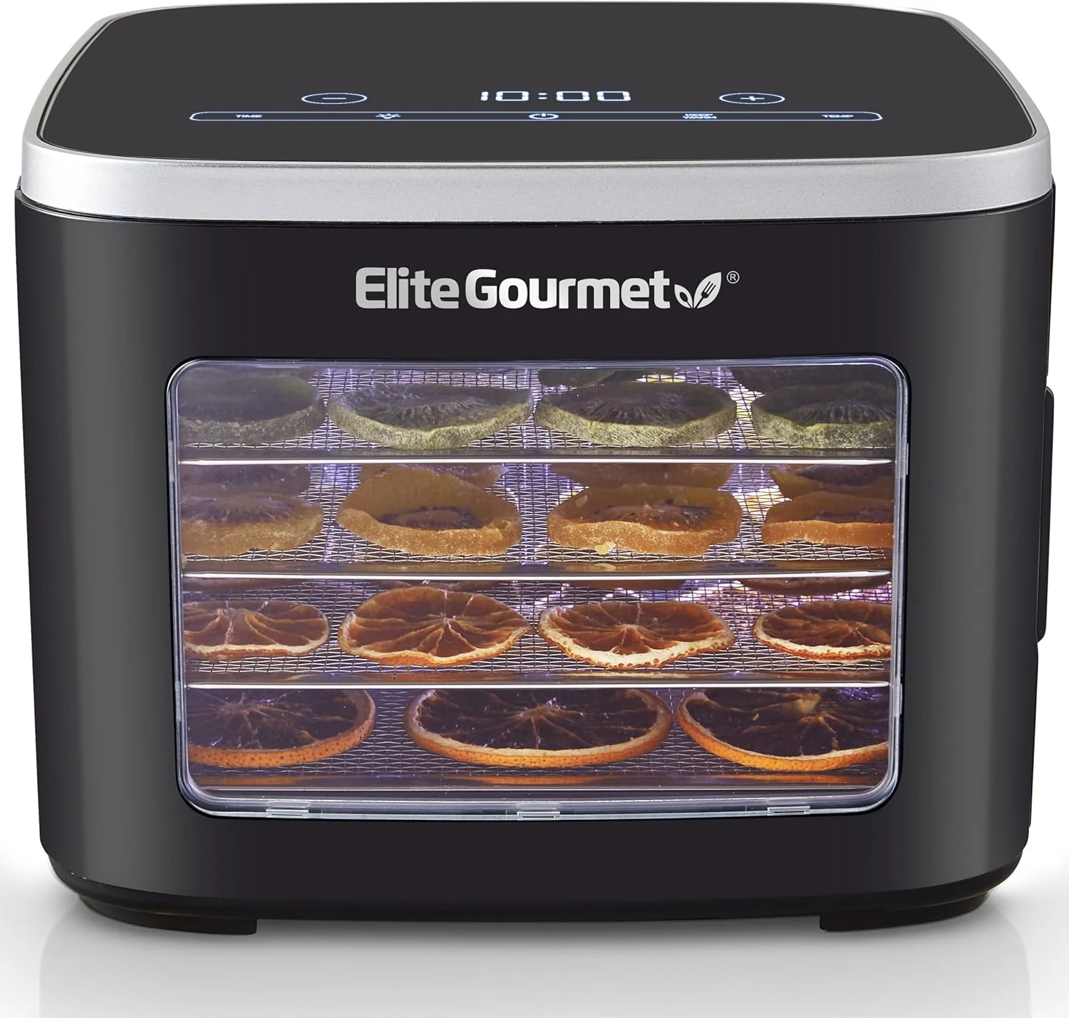 Elite Gourmet EFD809D Food Dehydrator with 5 Stainless Steel Trays, Adjustable Temp & Time + Keep Warm, Includes Interior Light, Fruit Roll Tray and Recipe Booklet, Black