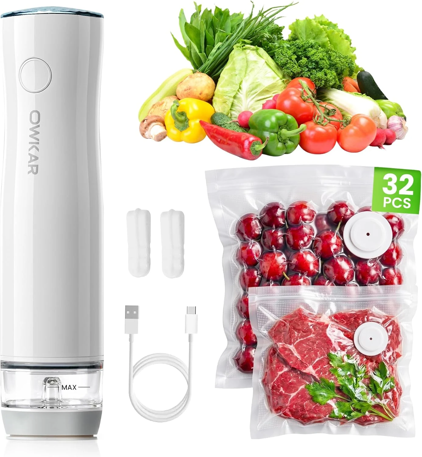 OWKAR portable handheld vacuum sealer for food with 32 reusable bags