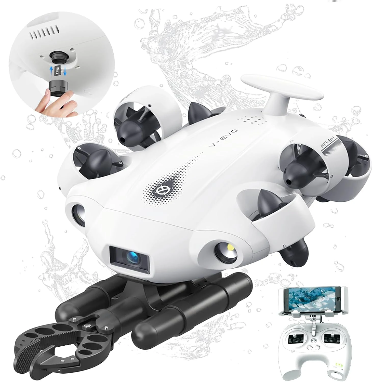 【2025 New】FIFISH V-EVO 4K60FPS Underwater Drone with Robotic Arm, with Removable SD Card