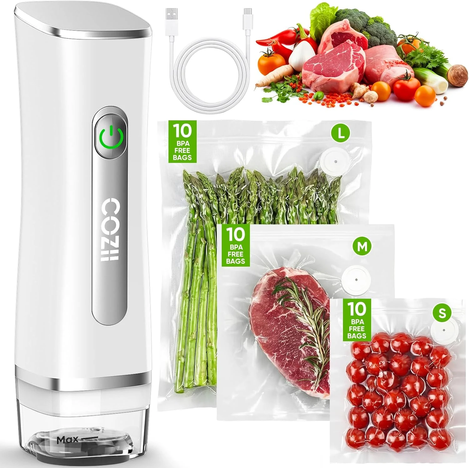 COZII Vacuum Sealer for Food, Powerful Handheld Vacuum Sealer with 30 Reusable Bags