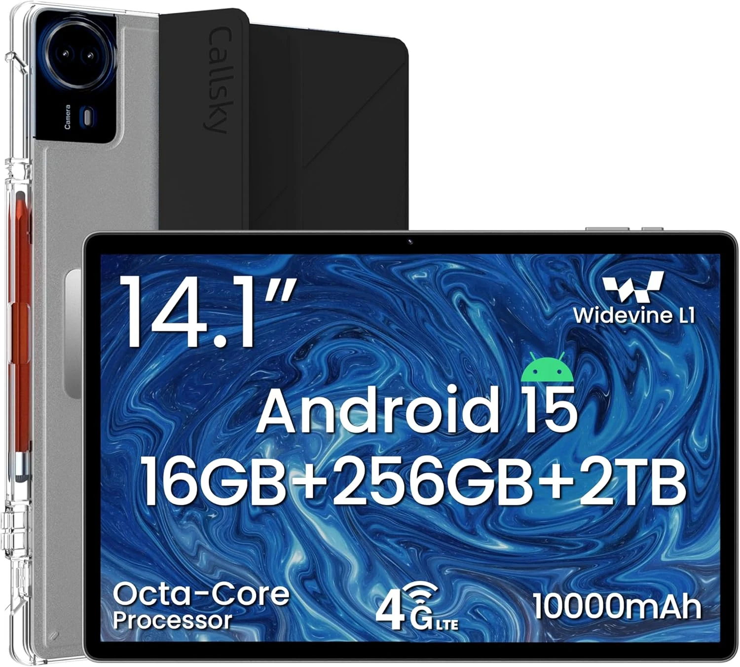 14 Inch Android 15 Tablet, 16GB RAM+256GB ROM, 1920x1200 FHD IPS Display, Widevine L1, 10000mAh Battery, 4G LTE, Wi-Fi & Bluetooth 5.0, Multi-Angle Stand Case & Stylus Pen (Black)