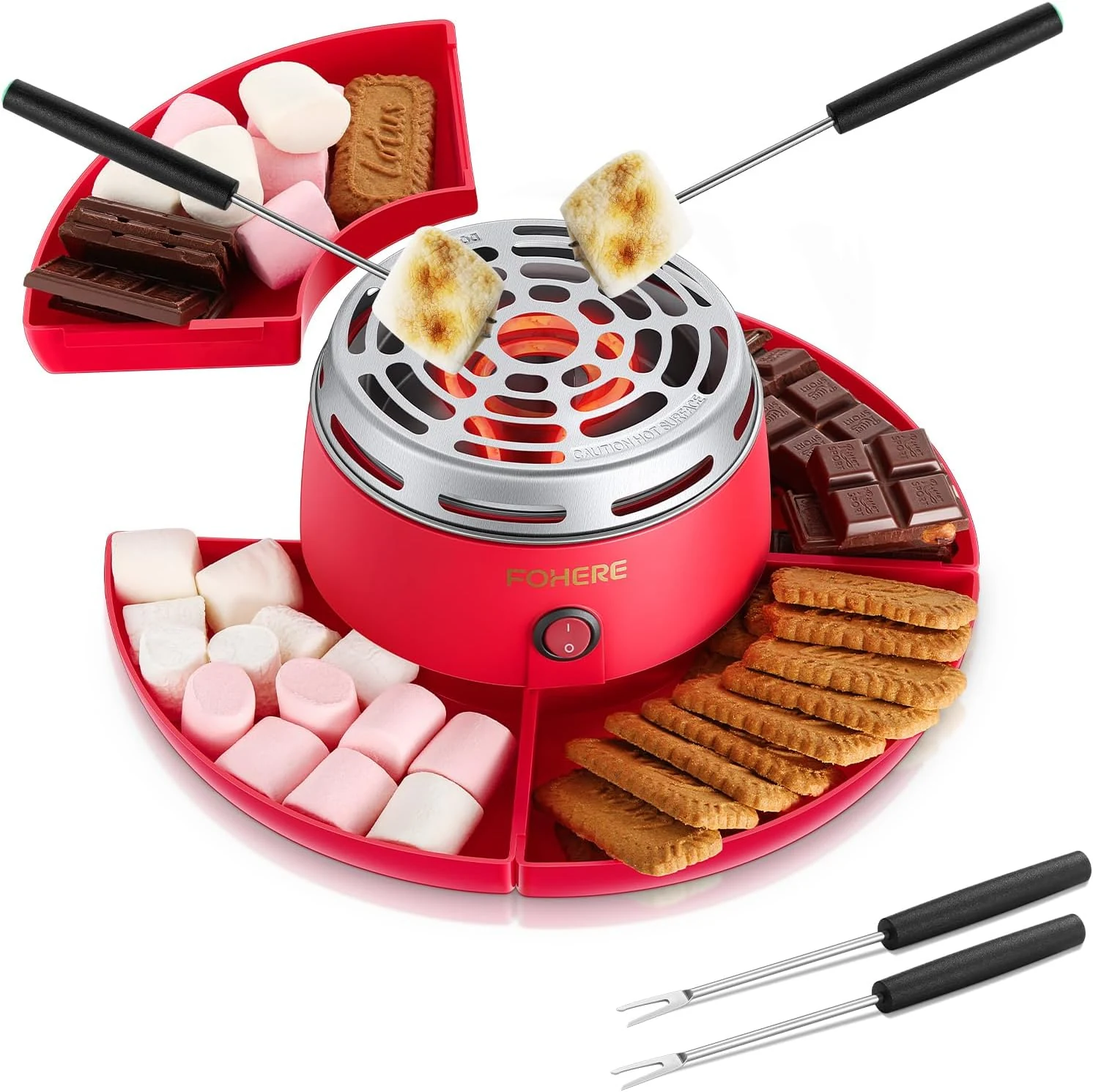 FOHERE Smores Maker Tabletop Indoor, Smores Kit with 4 Detachable Trays & 4 Roasting Forks, Flameless Electric Marshmallow Roaster