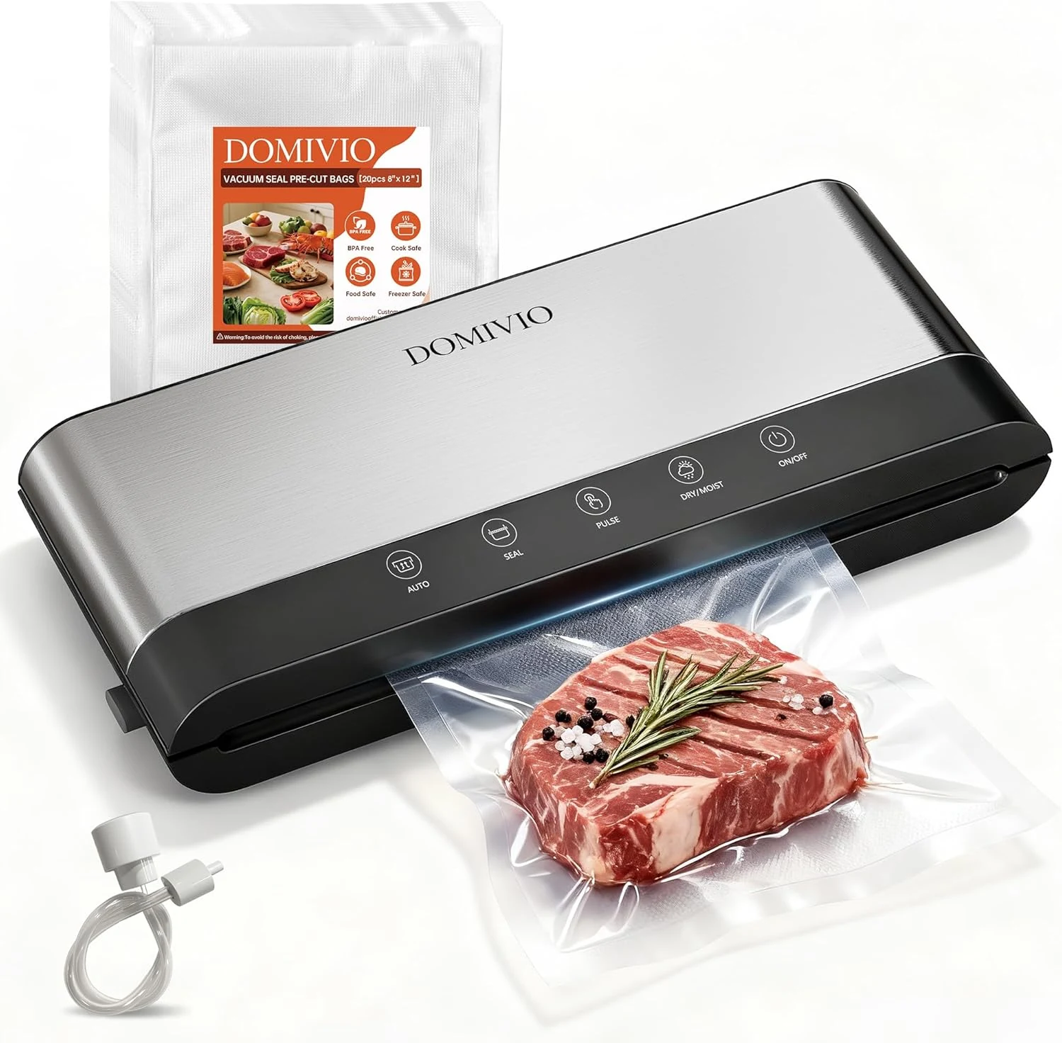 DOMIVIO Vacuum Sealer Machine for Food, 5-in-1 Food Saver with Built-In Cutter & 20 BPA-Free Bags (SJ2085)