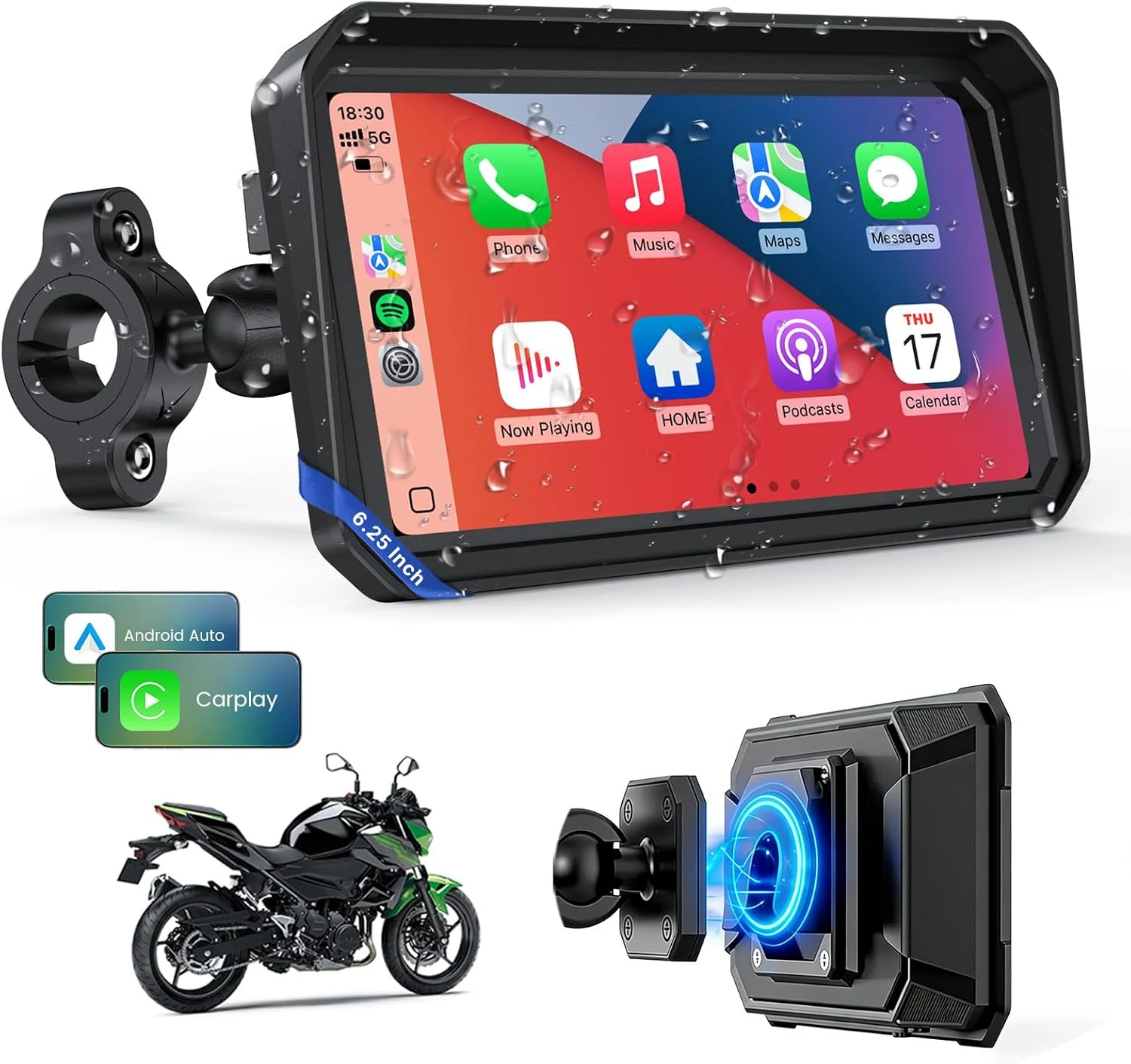WonVon 6.25 Inch Wireless Motorcycle Carplay GPS Navigation System with Apple Carplay and Android Auto