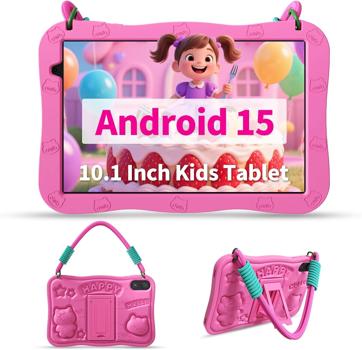 VASOUN Android 15 Kids Tablet 10.1" HD IPS Display 8GB RAM (3+5GB Extended) 32GB Storage 6000mAh Battery WiFi 6 Parental Controls & Lanyard Included (Pink)