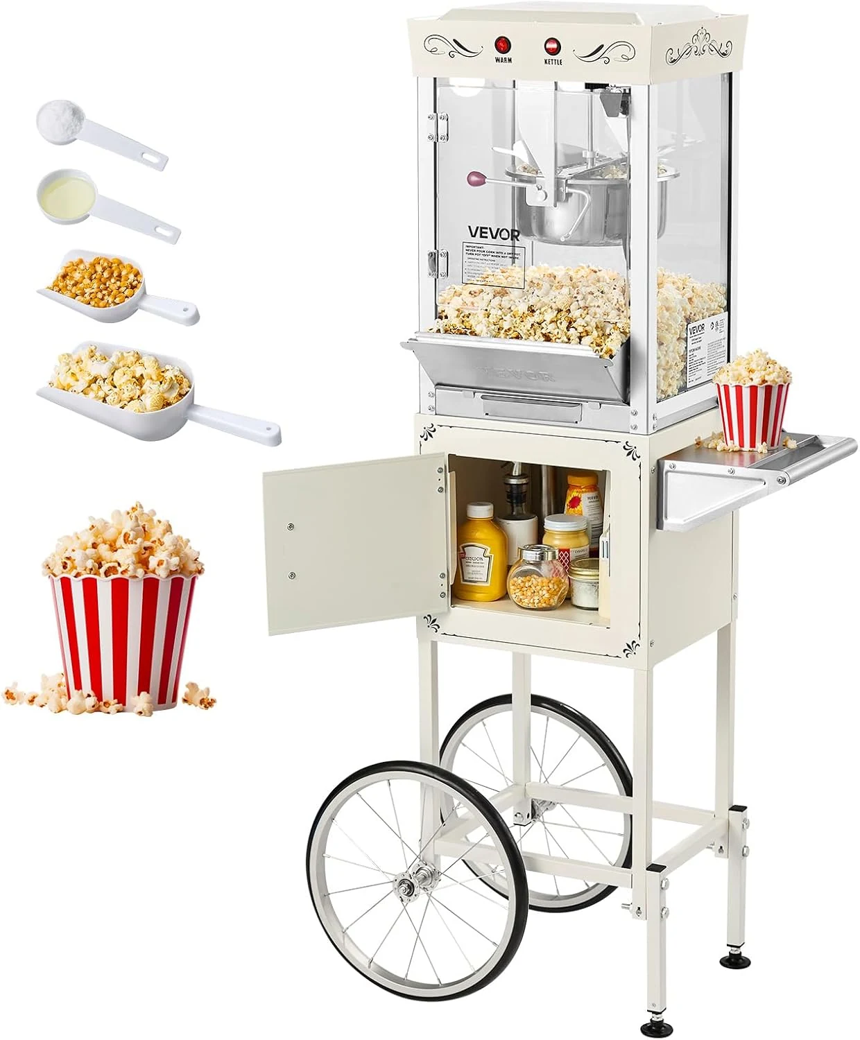 VEVOR Popcorn Machine with Cart, 8oz Stainless Steel Kettle, 800W Commercial Popcorn Maker, 48 Cups per Batch Theater Style Popper