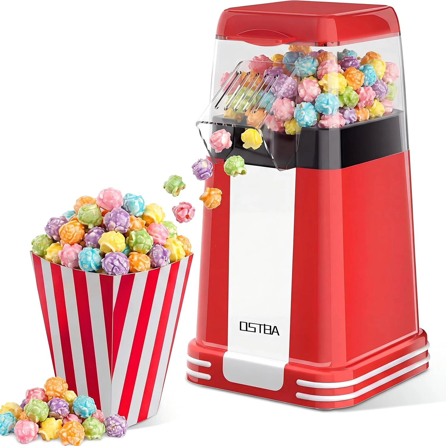 OSTBA Popcorn Maker, 1200W Mini Retro Air Popper Popcorn Machine, 12 Cups Hot Air Popcorn Popper Electric with Butter Tray, Oil-Free One-Button Control, Compact Design for Home & Gifts