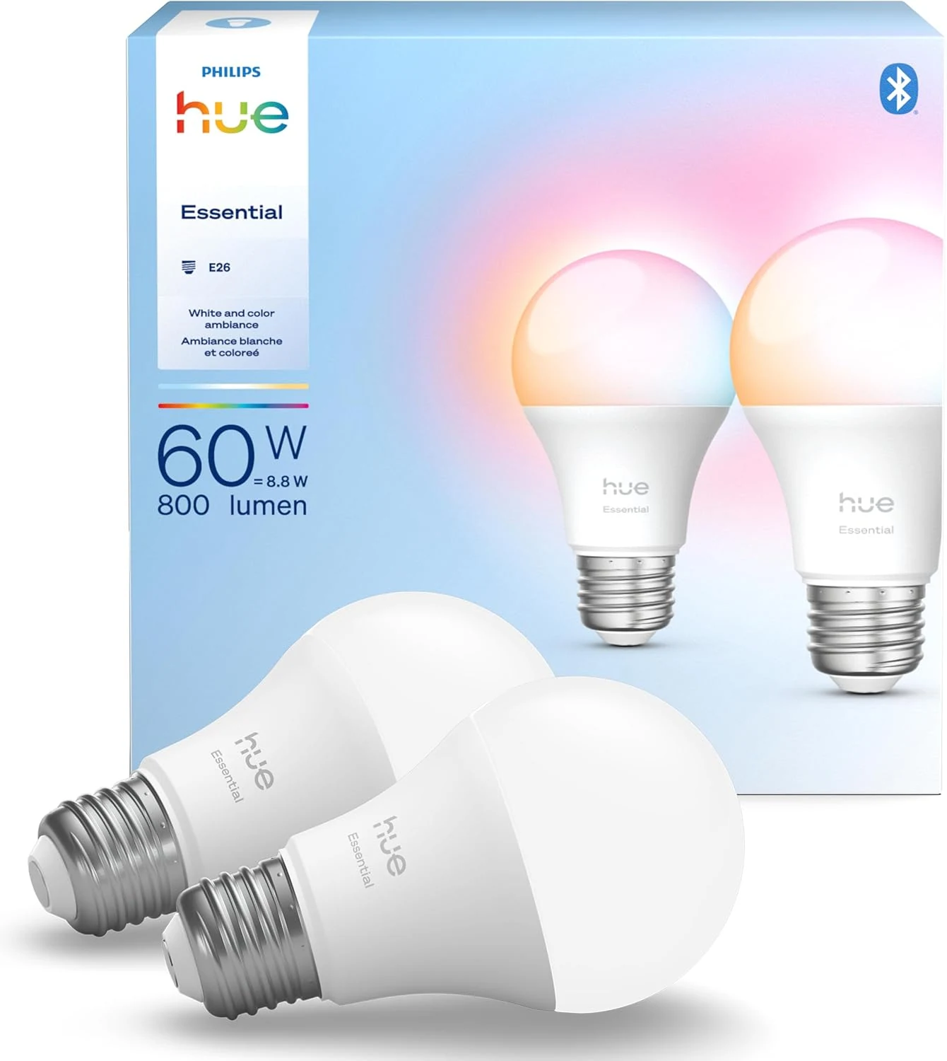 Philips Hue Essential Smart LED A19 Bulb, White and Color Ambiance (E26, 2-Pack)