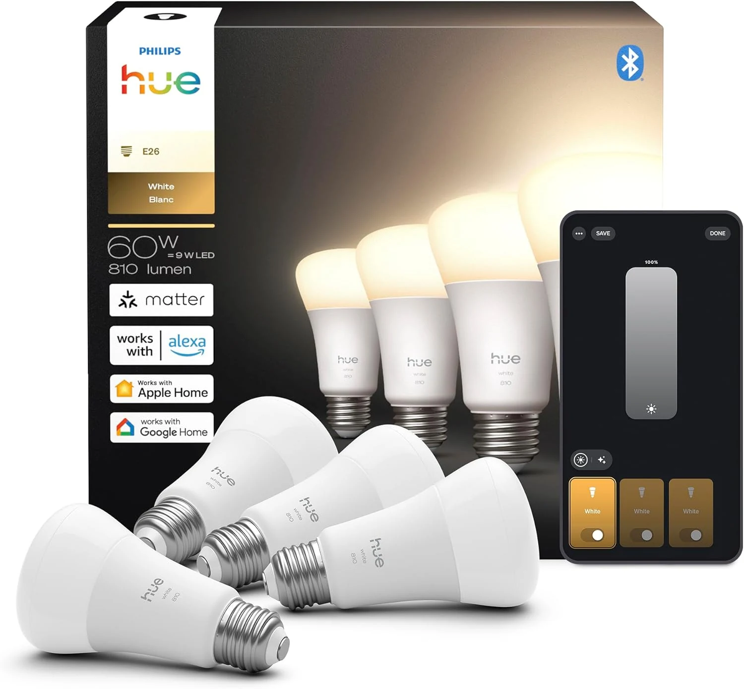 Philips Hue Smart LED A19 Bulb 4-Pack, Warm White Light (2700K)