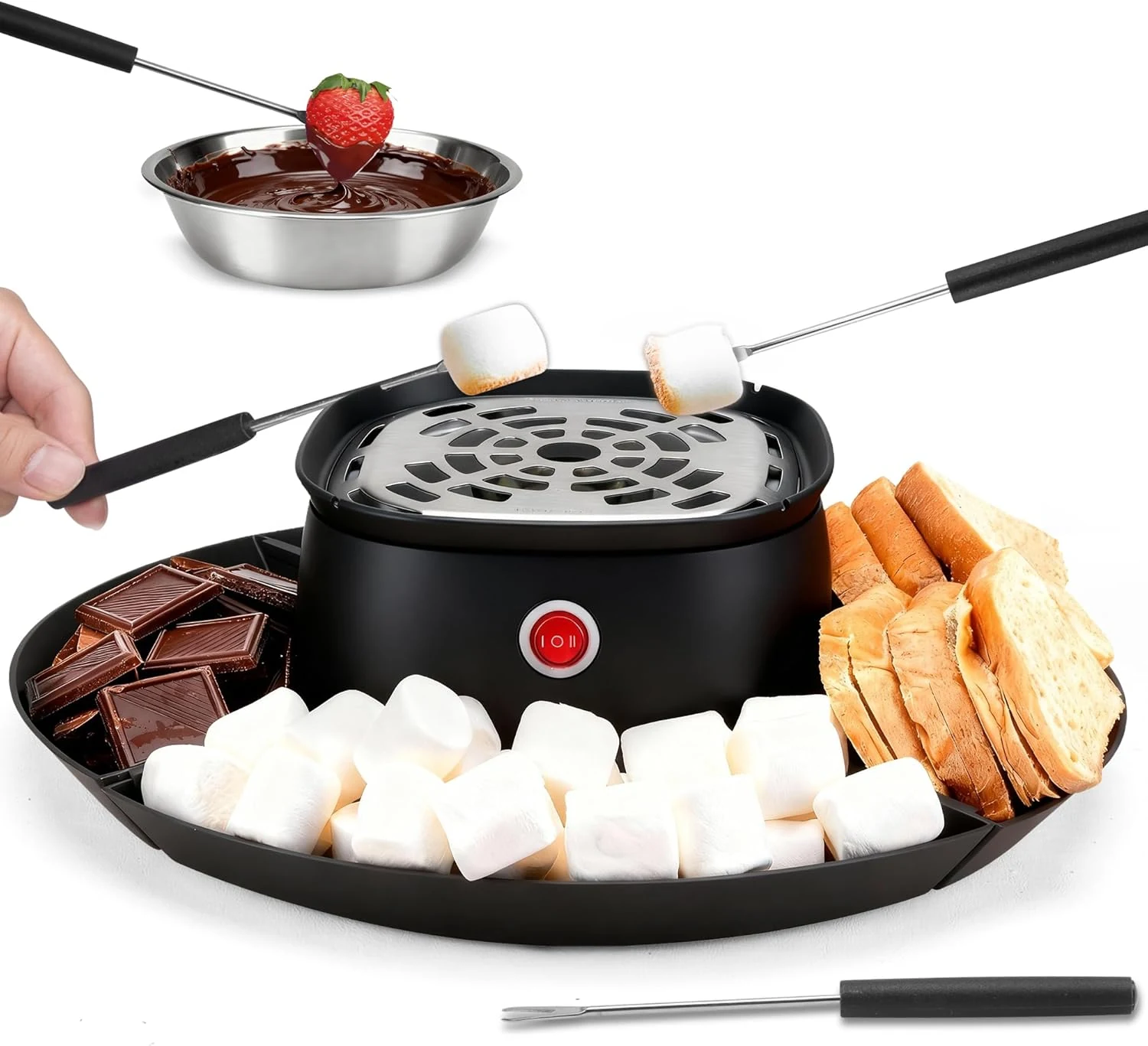 SugarWhisk 2 in 1 Electric Smore Maker & Fondue Set, Marshmallow Roaster with 4 Forks, Indoor Smores Kit for Kids & Couples, Cheese & Chocolate Fondue Pot, 4 Detachable Trays, Graphite