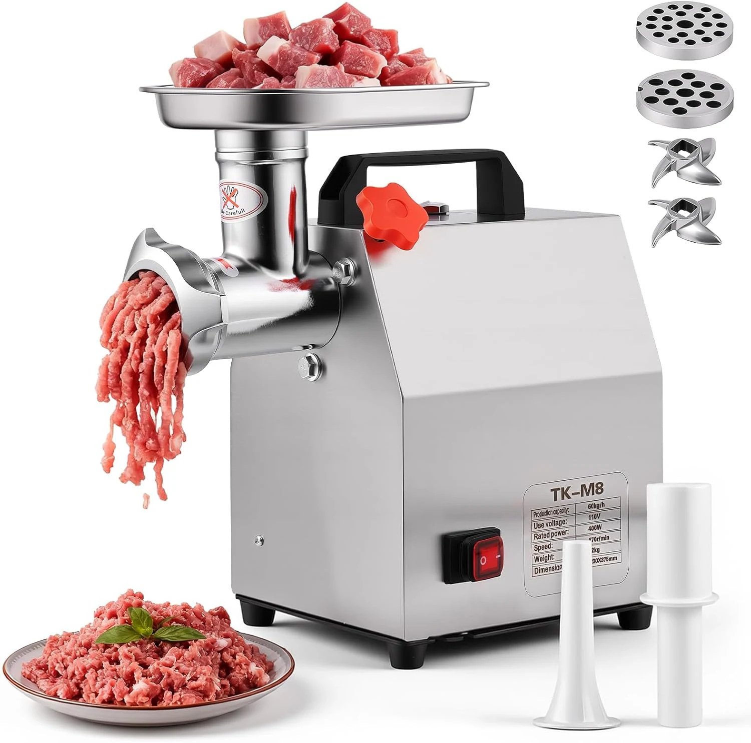 Commercial Electric Meat Grinder, Sausage Stuffer Stainless Steel Material,Meat Grinder with 2 Blades, 2 Grinding Discs, 2 Stuffing Tubes
