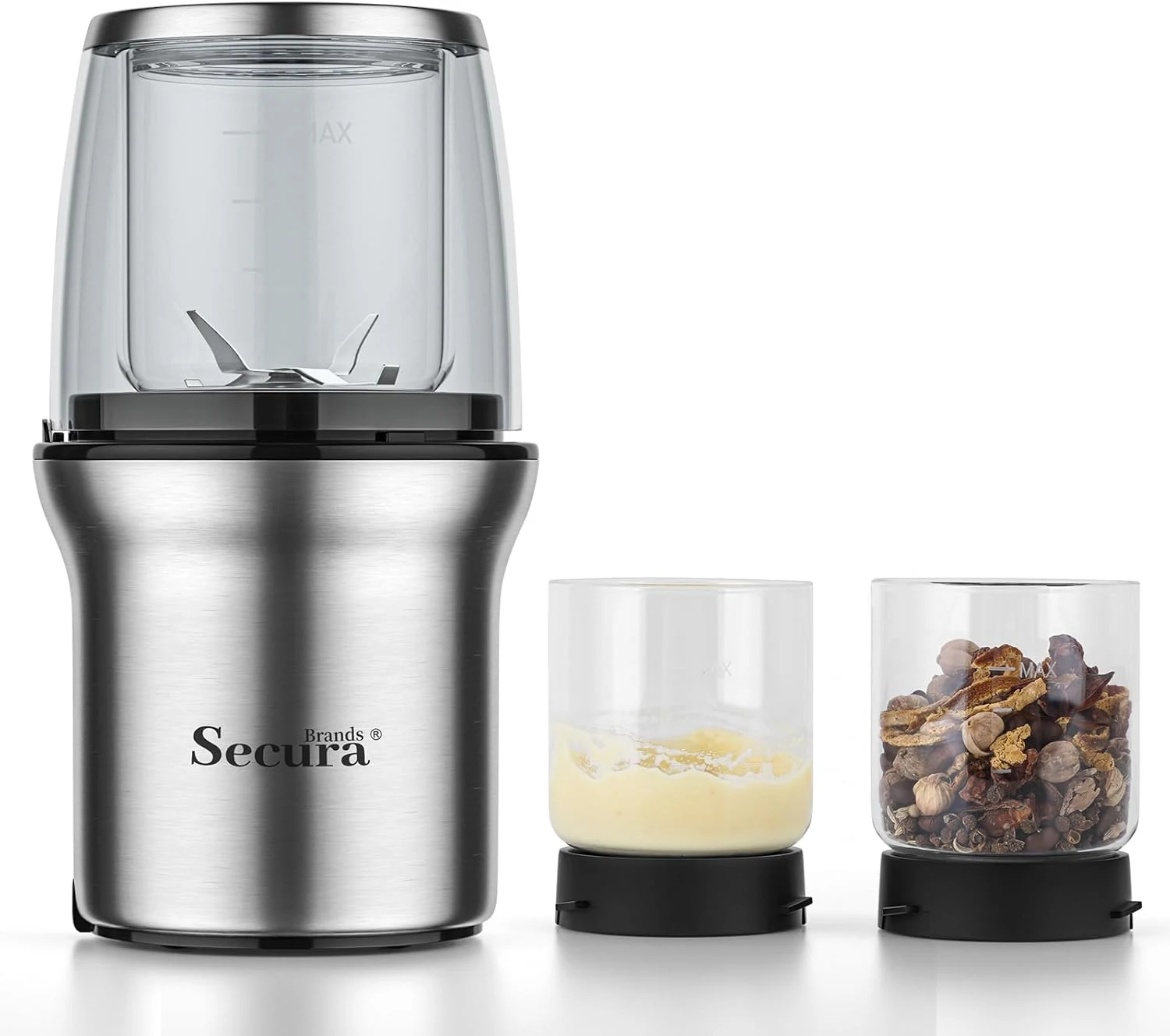 Secura Brands Coffee Grinder Electric Spice Herb Seeds Grinder with Two Glass Bowl, Dry and Wet Grinder