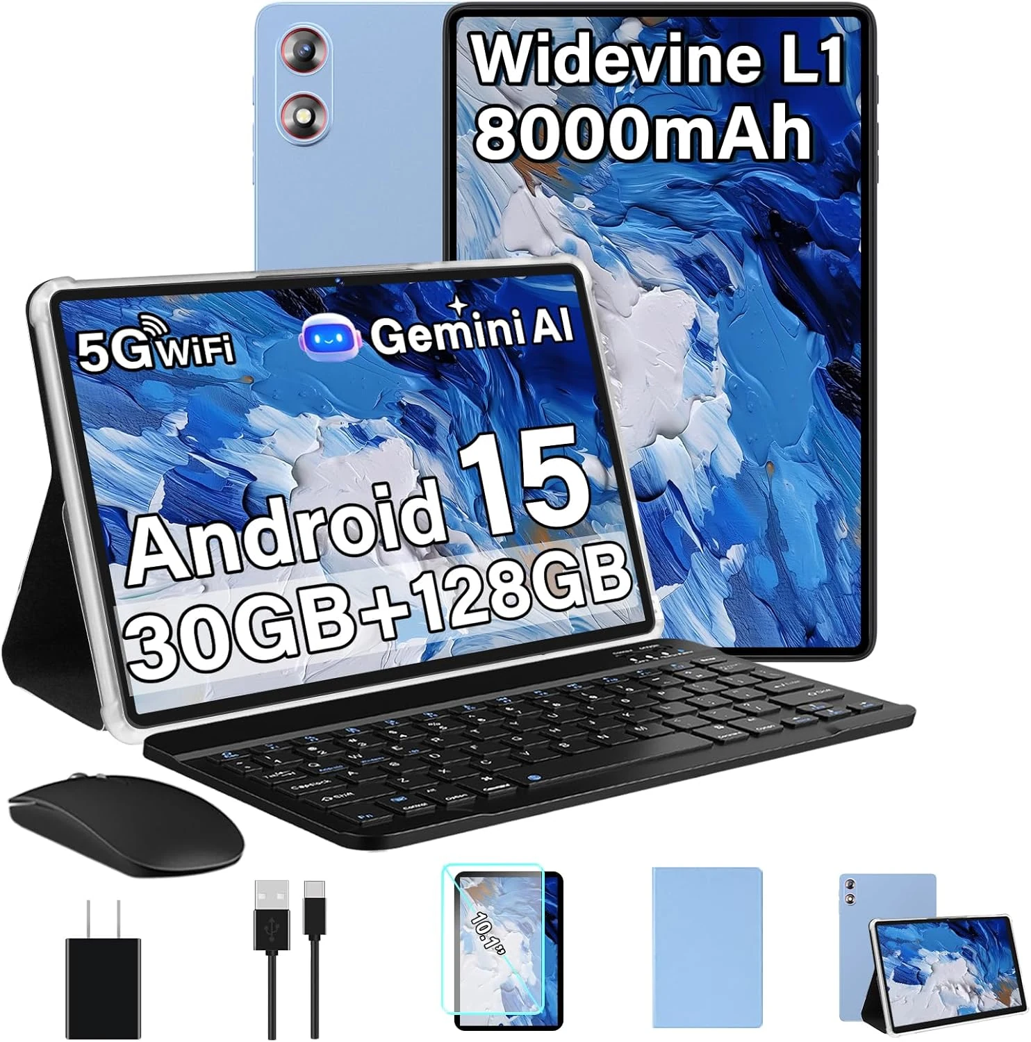 Android 15 Tablet 30GB+128GB+1TB Expand, 2026 10.1 Inch Octa-Core 8000mAh with Keyboard Mouse (FEZAWIO F12)