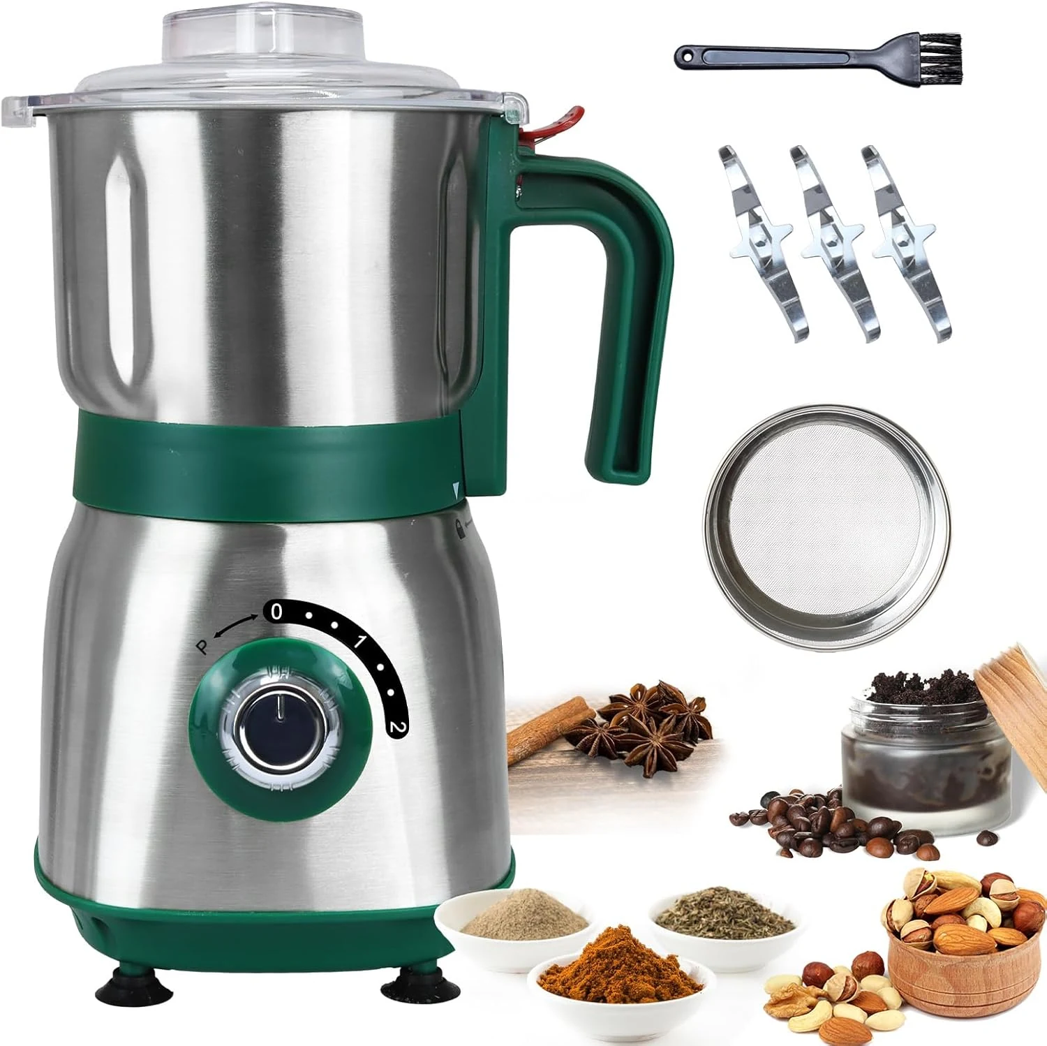 Spice Grinder Electric,Herb Nut Grinder for Kitchen,Detachable Espresso Grinders with Stainless Steel Blades,Filter and Brush (Green-X)