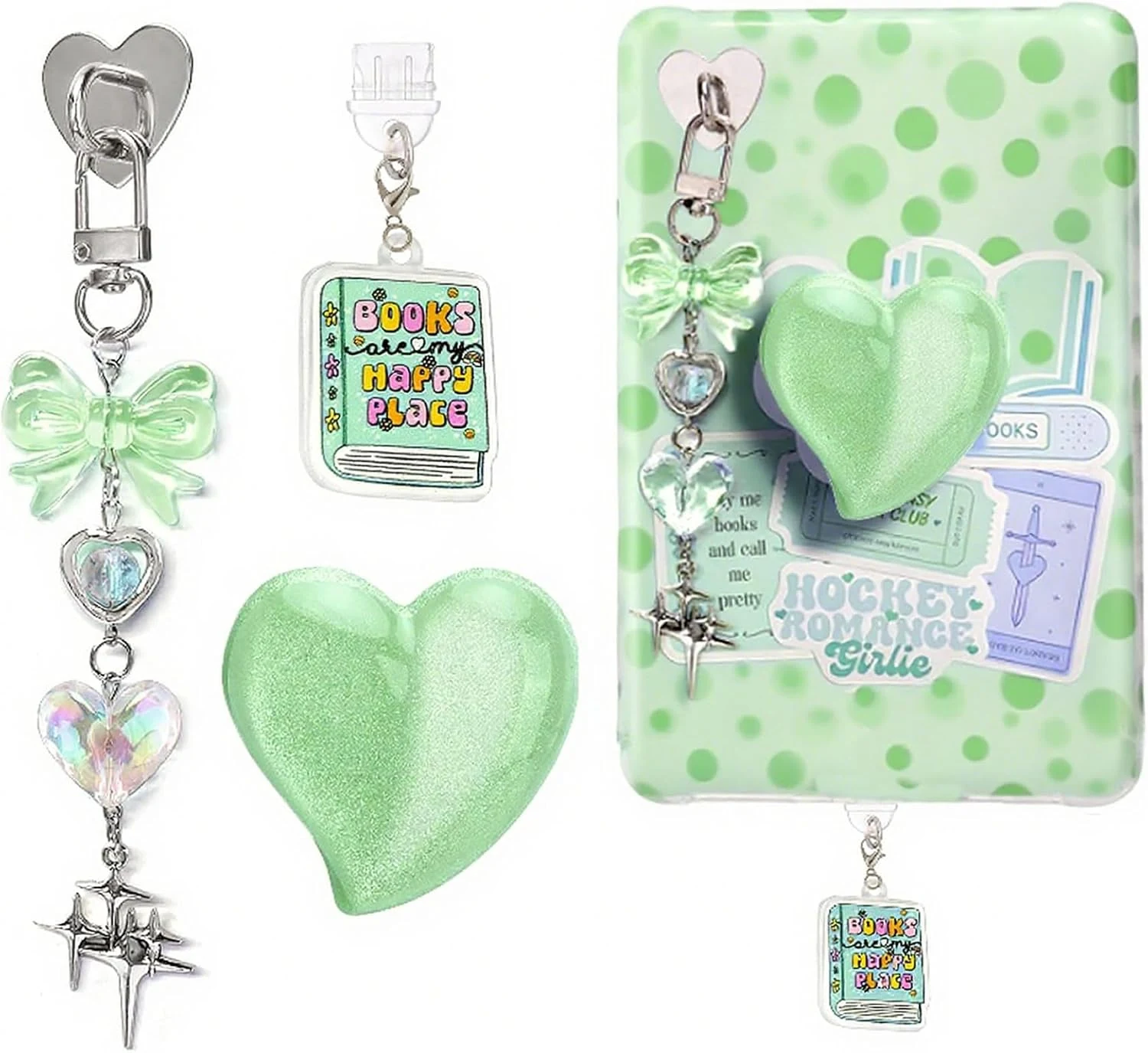 Books Theme Charms Set for Kindle (Dust Plug Type C/USB-C, Heart Grip Holder, Bow Keychain)