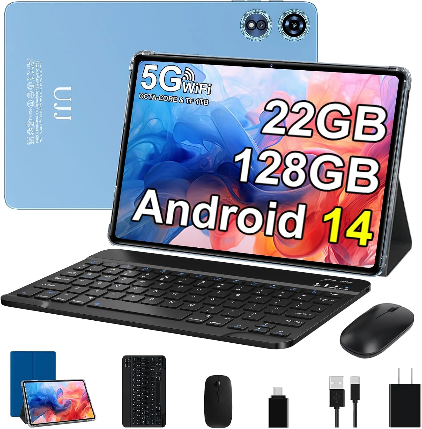UJJ 2026 Android 14 Tablet (22GB RAM, 128GB ROM, up to 1TB Expand) 10-inch with Keyboard and Mouse
