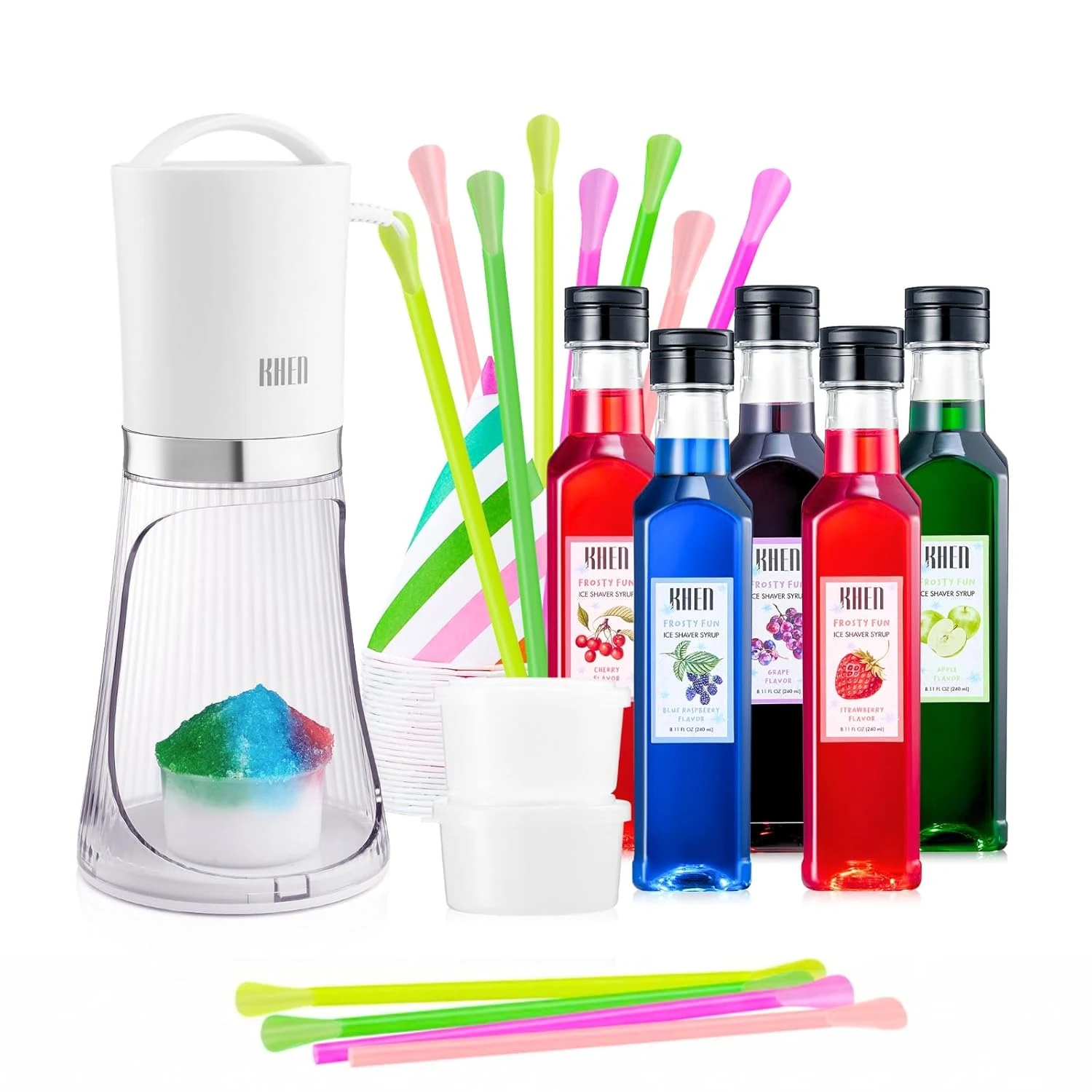 Snow Cone Shaved Ice Machine Gift Set, Electric Maker Kit with 5 Syrup Flavors