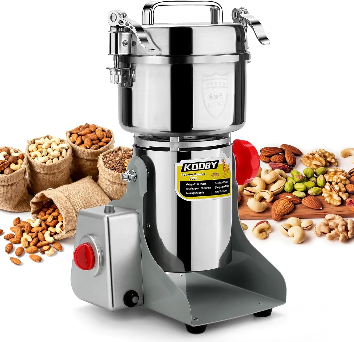 800G Electric Grain Grinder Mill, 2000W Swing-Type 304 Dry Cereals