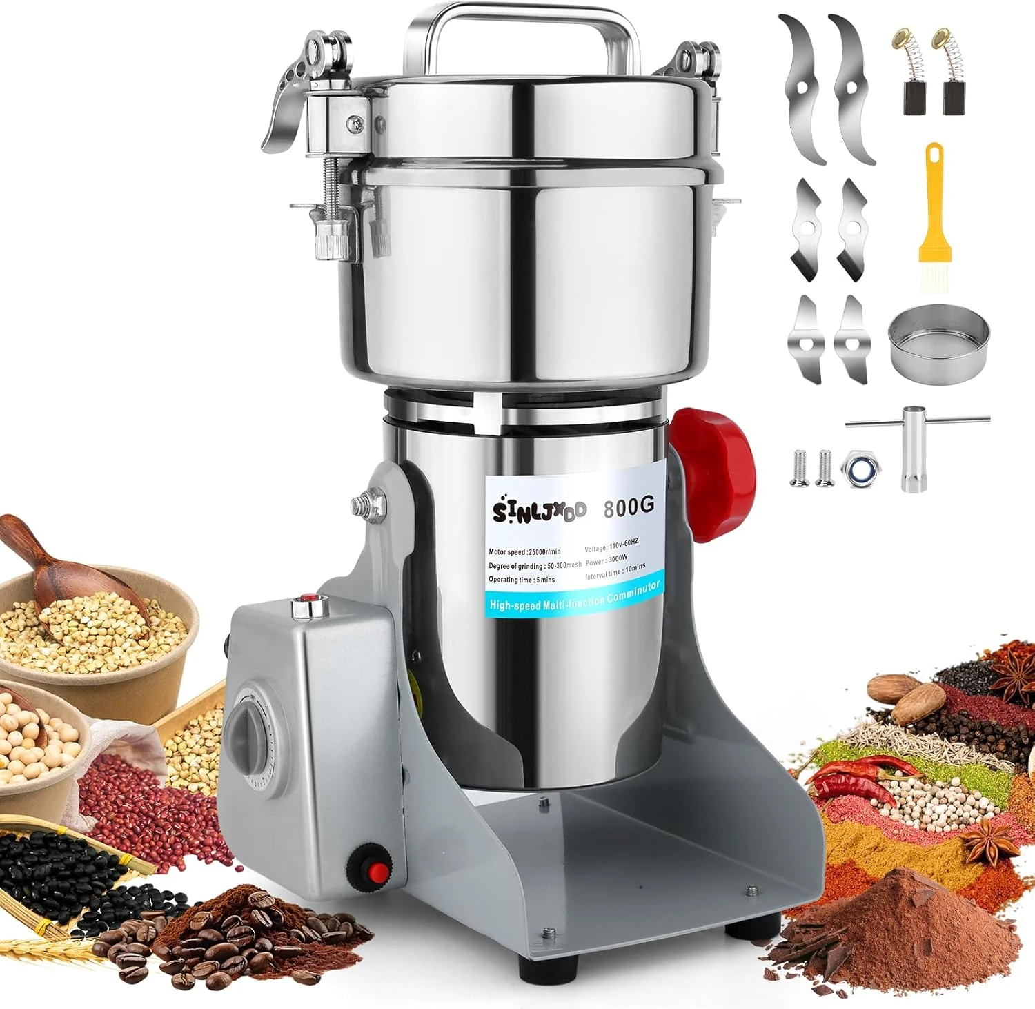 Electric Grain Mill Grinder - Swing Type 3500W 110V 800g Commercial Spice Grinder