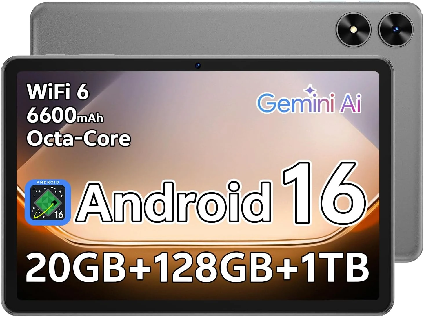 Android 16 Tablet 10.1 inch Tablet with Octa-Core Processor, 20GB RAM 128GB ROM 1 TB Expandable (Gray)