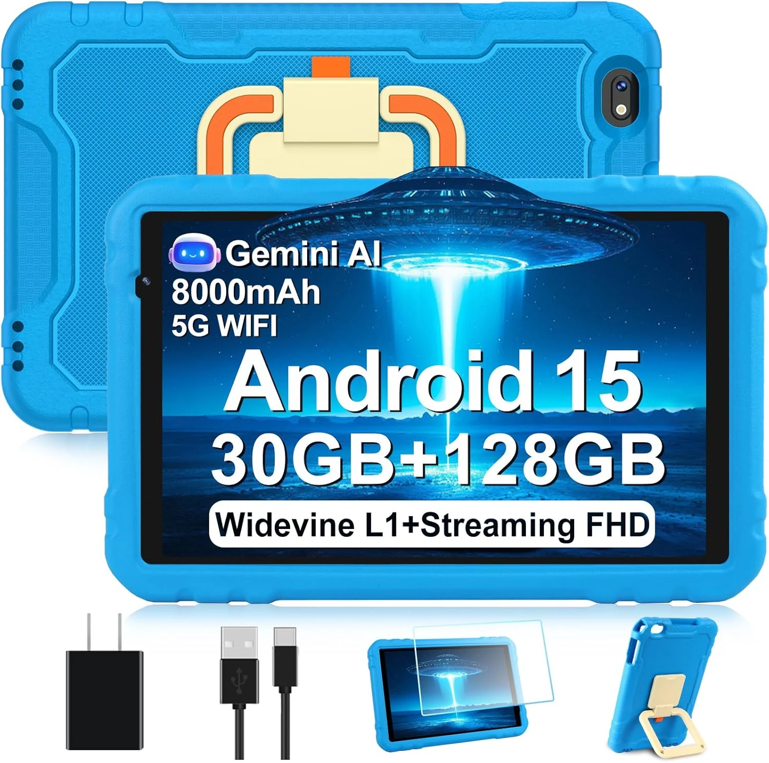 JUEDUR R500 10-inch Android 15 Tablet (30GB RAM/128GB, 5G Wi‑Fi, Widevine L1, EVA shock case)