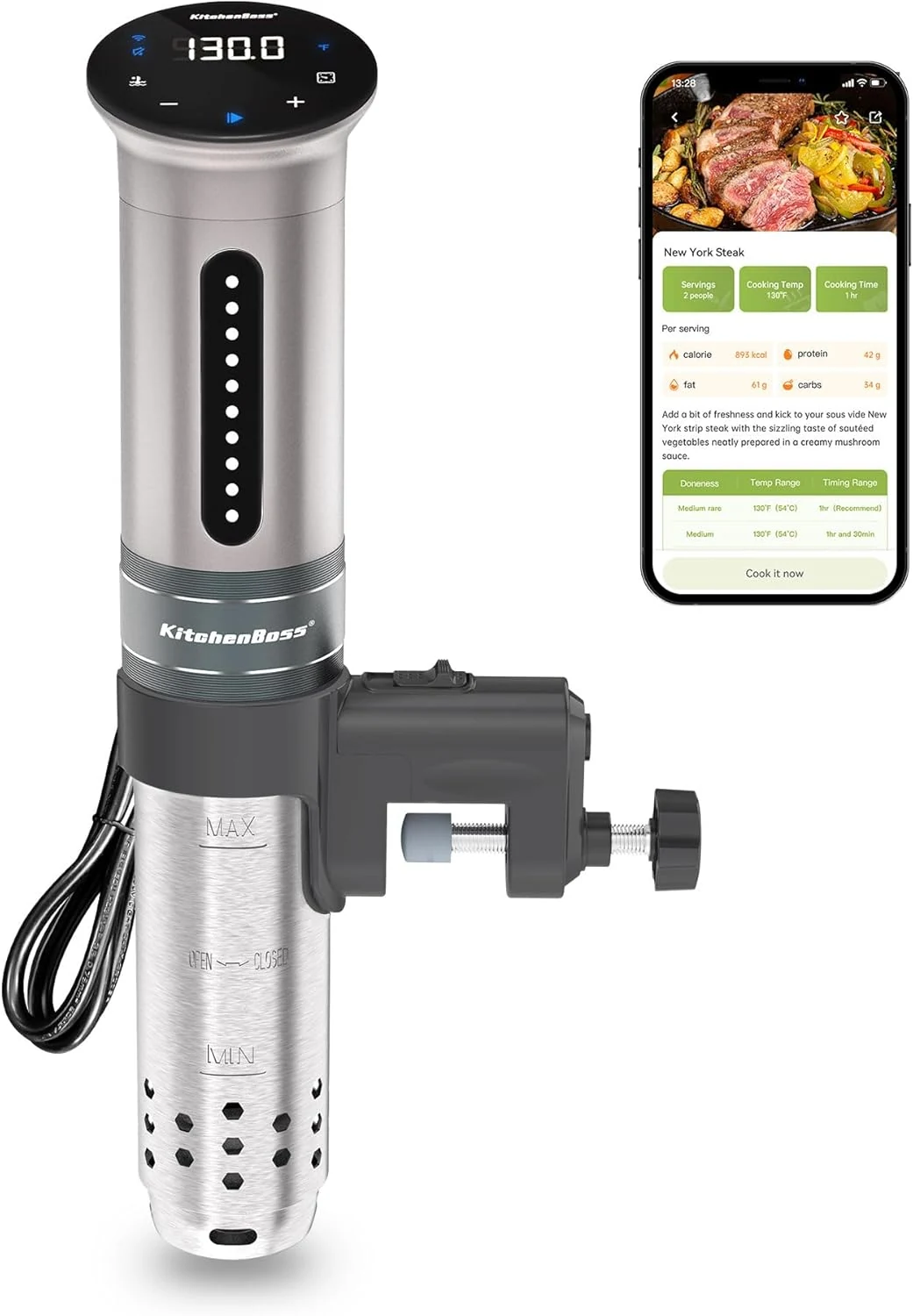 KitchenBoss Wifi Sous Vide Cooker: Ultra-quiet Sous Vide Machine Immersion Circulator APP Control 1100W, IPX7 Waterproof Sous Vide Precision Cooker Accurate Temperature Fast-Heating, Silver