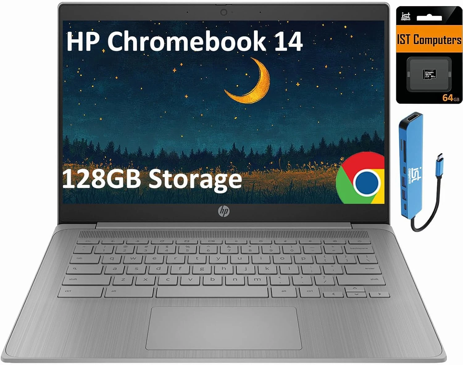 HP Chromebook 14 Laptop (14" Anti-glare, Intel 4-Core Celeron N4120, 4GB RAM, 128GB Storage (64GB+64GB SD))