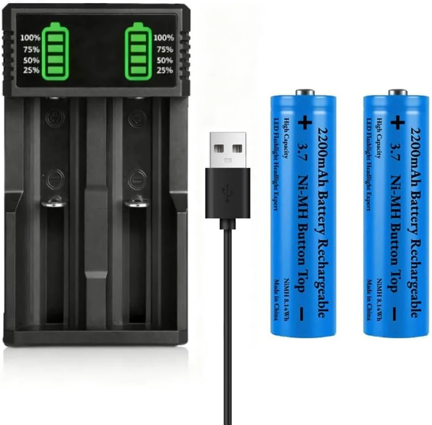 3.7 USB Battery Charger with 2 Pack 3.7 2200mAh Button Top Battery Ni-MH