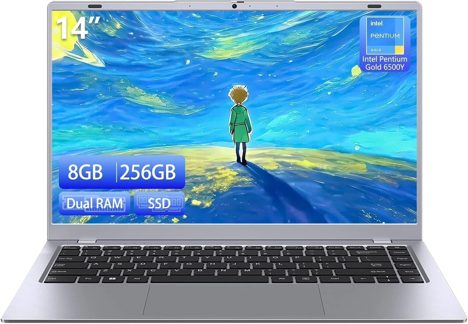 2026 Silver Laptop, Pentium Gold 6500Y Processor(Up to 3.4 GHz),8GB RAM 256GB SSD,14 Inch FHD IPS Display, 5000mAh Battery,Type-C
