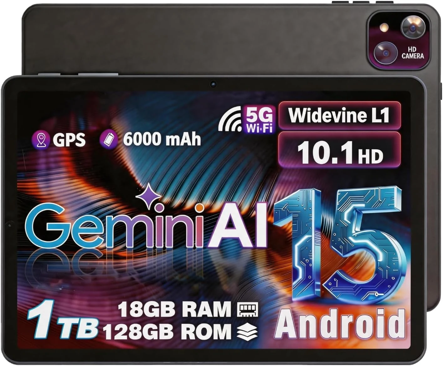 10 Inch Android Tablet, Android 15 with 18GB RAM + 128GB ROM (1TB Expandable)