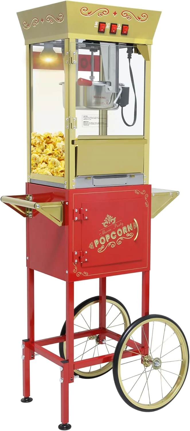 12 oz Popcorn Machine Cart - Commercial Vintage Popcorn Maker with Storage Stand, Stainless Steel Kettle & Tempered Glass, Ideal for Home Theater, Party Concessions and Carnival Events (Red)
