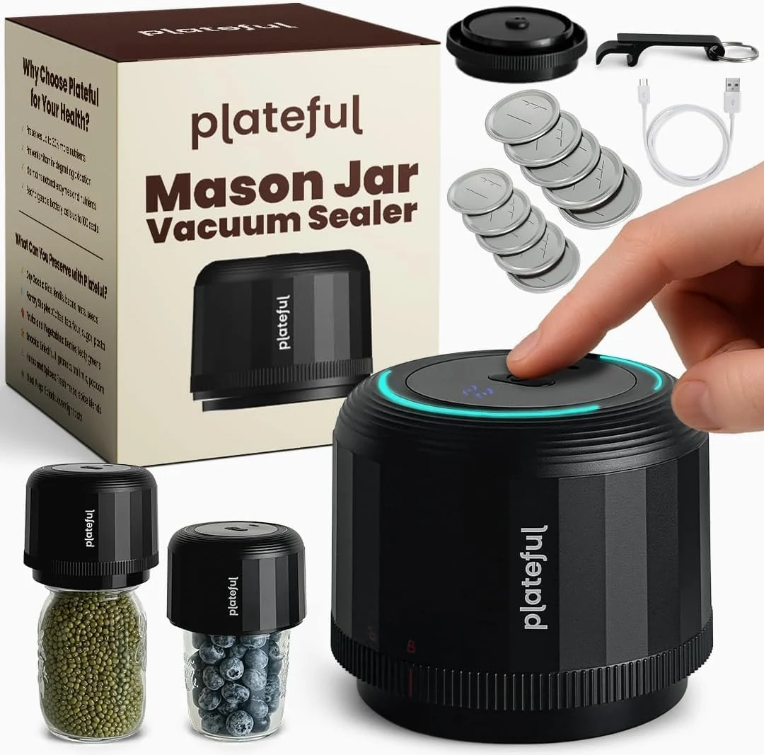 Plateful Electric Mason Jar Vacuum Sealer Kit (Lids Included) For Wide Mouth And Regular Mouth Jars