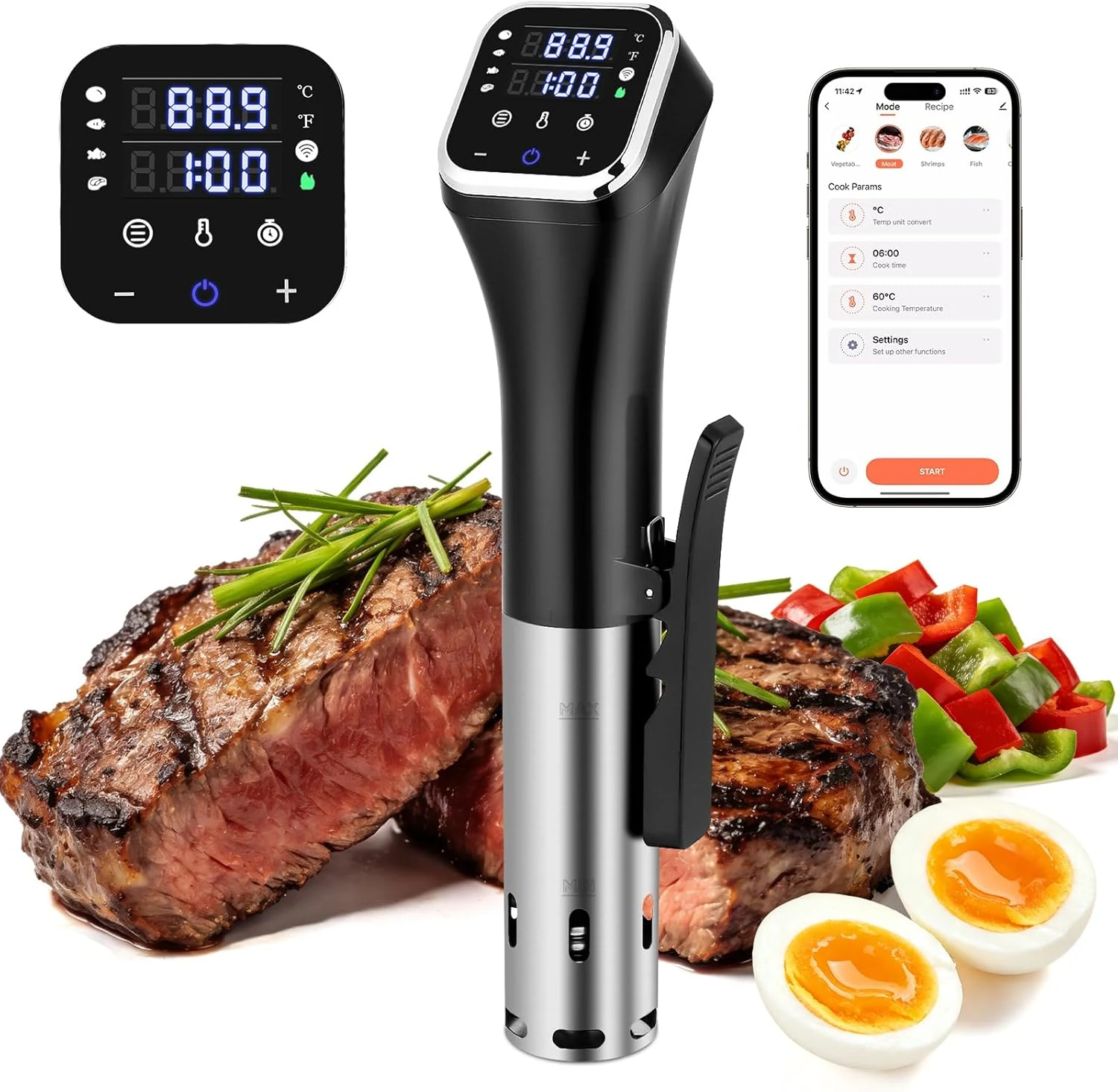 Upgraded 2.4G WiFi Sous Vide Cooker, 1100W Precision Immersion Circulator with ±0.1℉ Temp Control, IPX7 Waterproof, Quiet Operation, LED Display & 4 Safety Protections