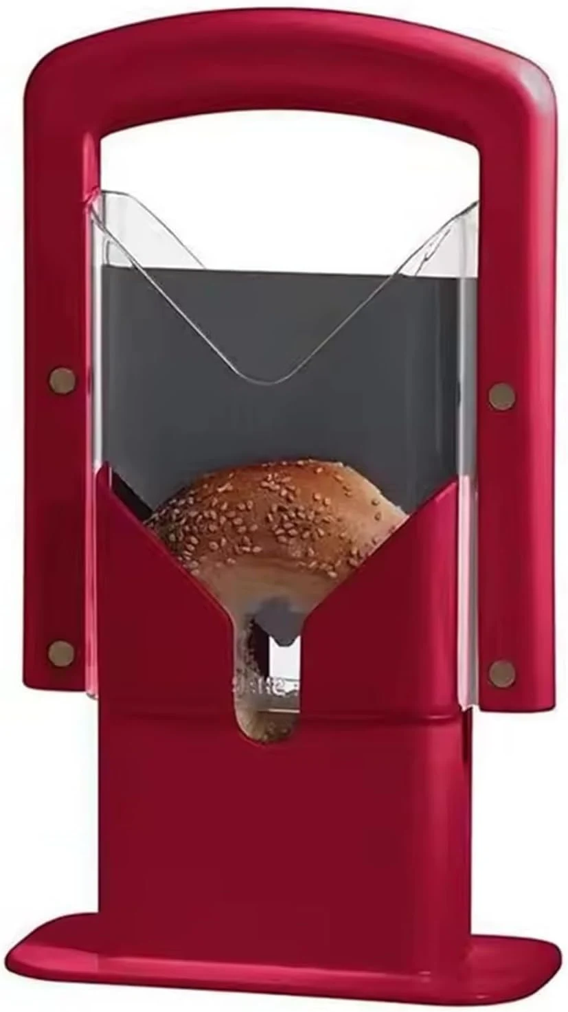 Bagel Slicer, Perfect for Bagels Guillotine Universal Slicer, Bagel Cutter Stainless Steel Kitchen Tool, Safe Grip, Safety Shield (Red)