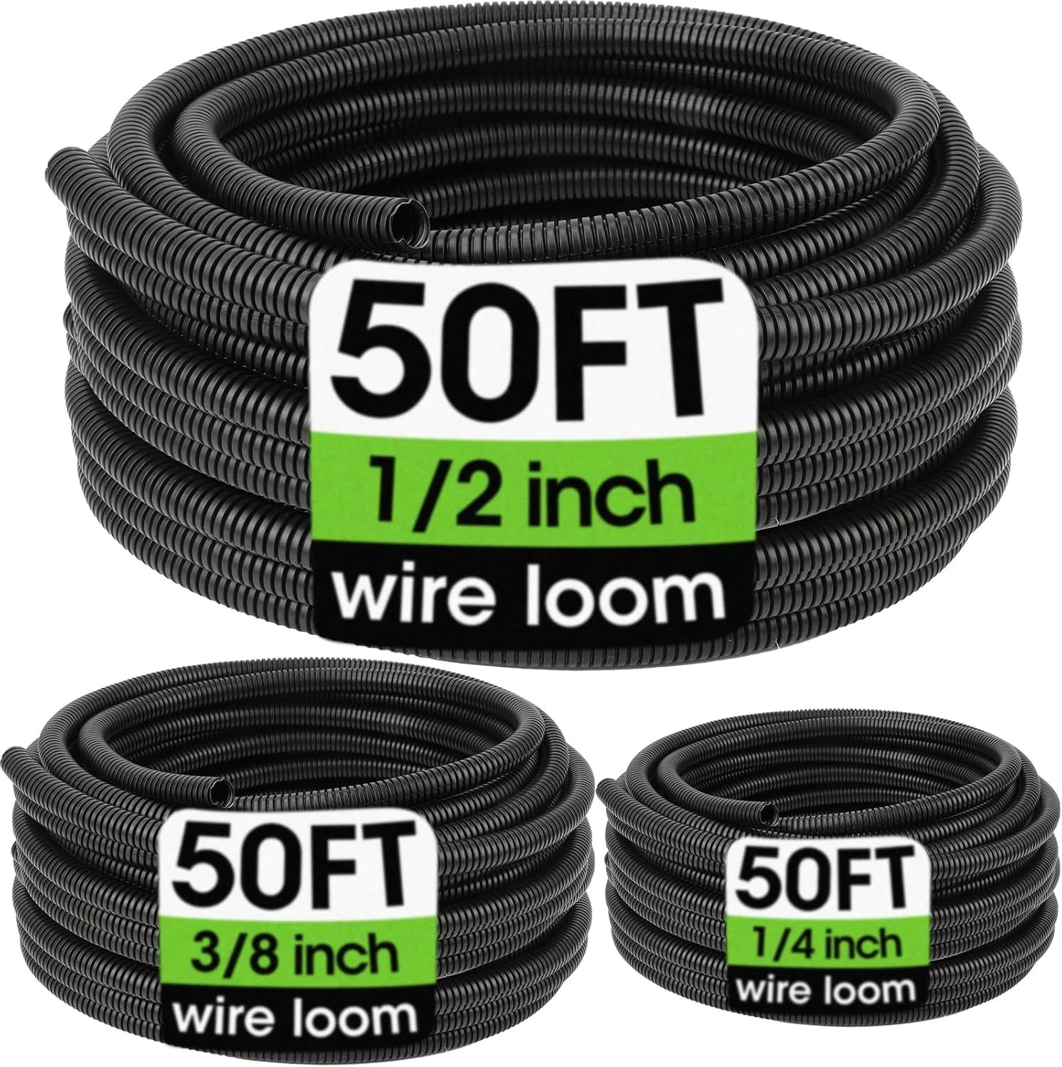 Wire Loom 1/4", 1/2", 3/8 Inch x 50 FT, Split Wire Loom Tubing Wire Conduit, Cable Sleeves Bulk Flexible Electrical Conduit Protective kit