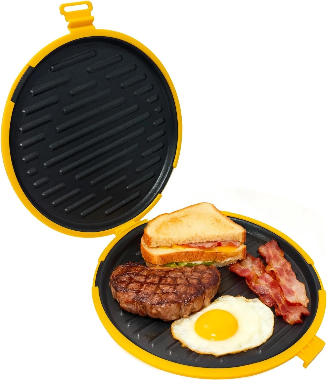 9.5" Microwave Grill Pan & Crisper Tray - 5-in-1 Nonstick Sandwich Maker, Pizza Pan & Bacon Cooker with lid