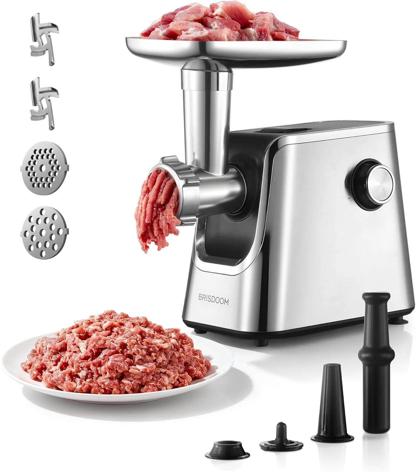 BRISDOOM Meat Grinder Electric 3000W Max with High-Efficiency Copper Motor, Auto-Reverse & Hidden Storage (3-in-1 Sausage Stuffer & Kubbe Maker)