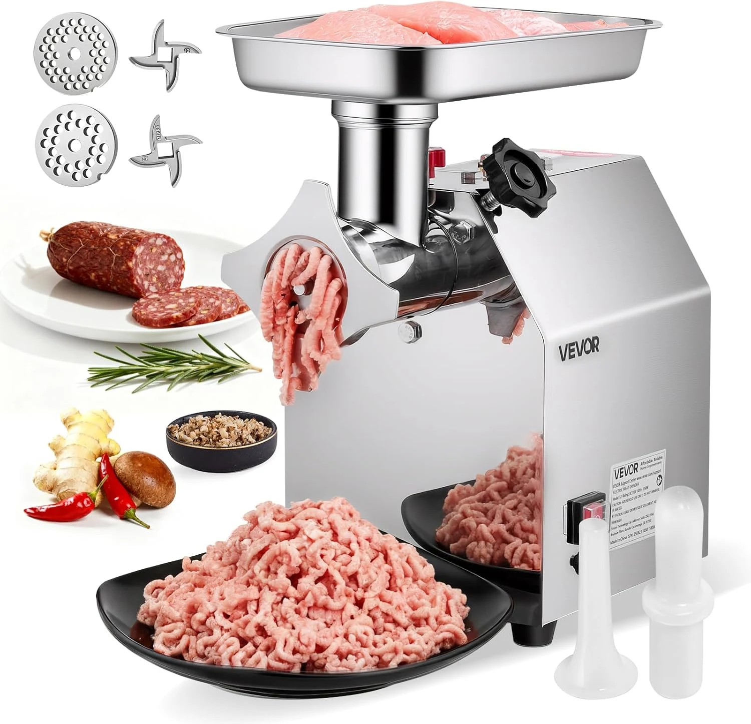 VEVOR Commercial Electric Meat Grinder, 7 lbs/min Capacity, #12 Industrial Meat Mincer with 2 Stainless Steel Blades, 2 Grinding Plates, 850W Heavy-Duty Sausage Maker Stuffer