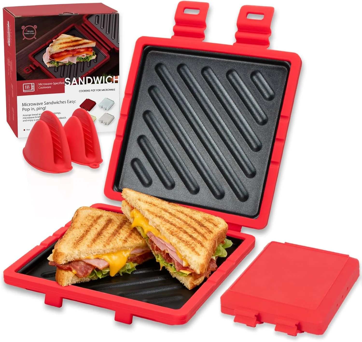 Microwave Sandwich Maker, Microwave Toaster with Adjustable Silicone Strap, Removable Non-Stick Microwave Grilled Cheese Maker