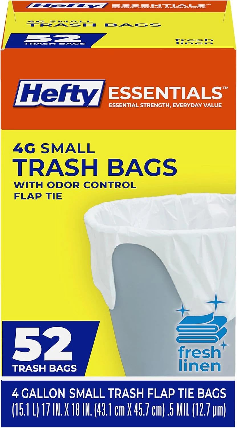 Hefty Essentials Flap Tie 4 Gallon Trash Bags, 52 Count, Fresh Linen Scent