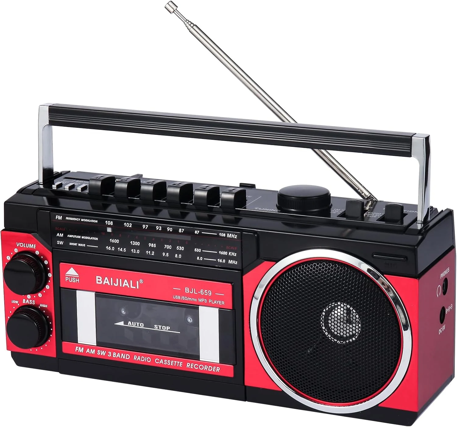 BAIJIALI Portable Cassette Player with AM/FM/SW Radio & BT Boombox