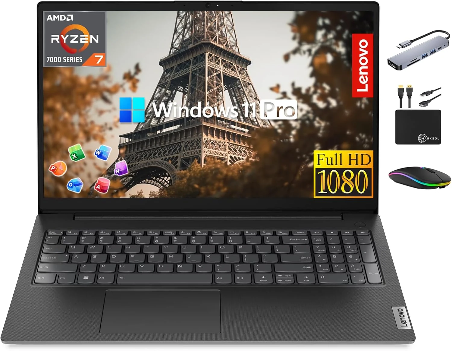 Lenovo V15 Business Laptop Premium, 15.6” FHD Display, Lifetime MS Office, 8-Core AMD Ryzen 7 7730U, 24GB RAM, 1TB Storage (512GB SSD + 500GB Ext), Wi-Fi 6, RJ-45 NumPad, MarxsolAccessory, Win 11 Pro