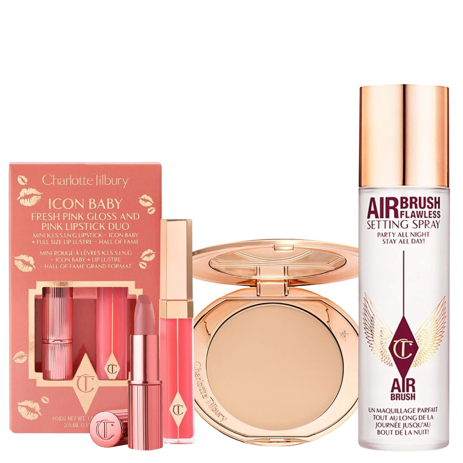 Charlotte Tilbury Holiday Kit - AIRbrush Flawless Setting Spray + AIRbrush Flawless Finish + Icon Baby Lip Duo