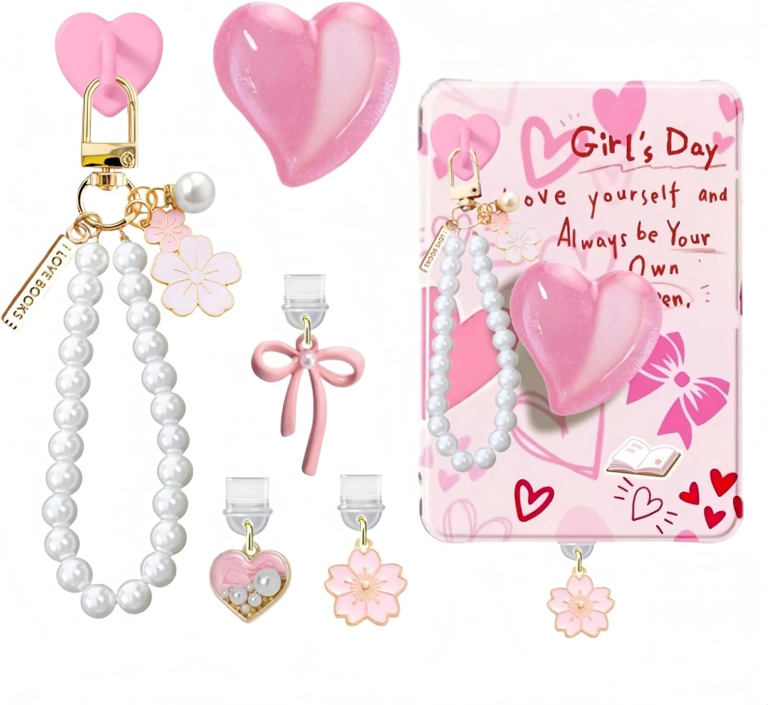 6PCS Charms Set Compatible with Kindle, Accessories Including Dust Plug Charm Type C/USB C, Charm Chain with Hook, Heart Grip Holder, Compatible with Kindle Paperwhite 11th 12th Generation